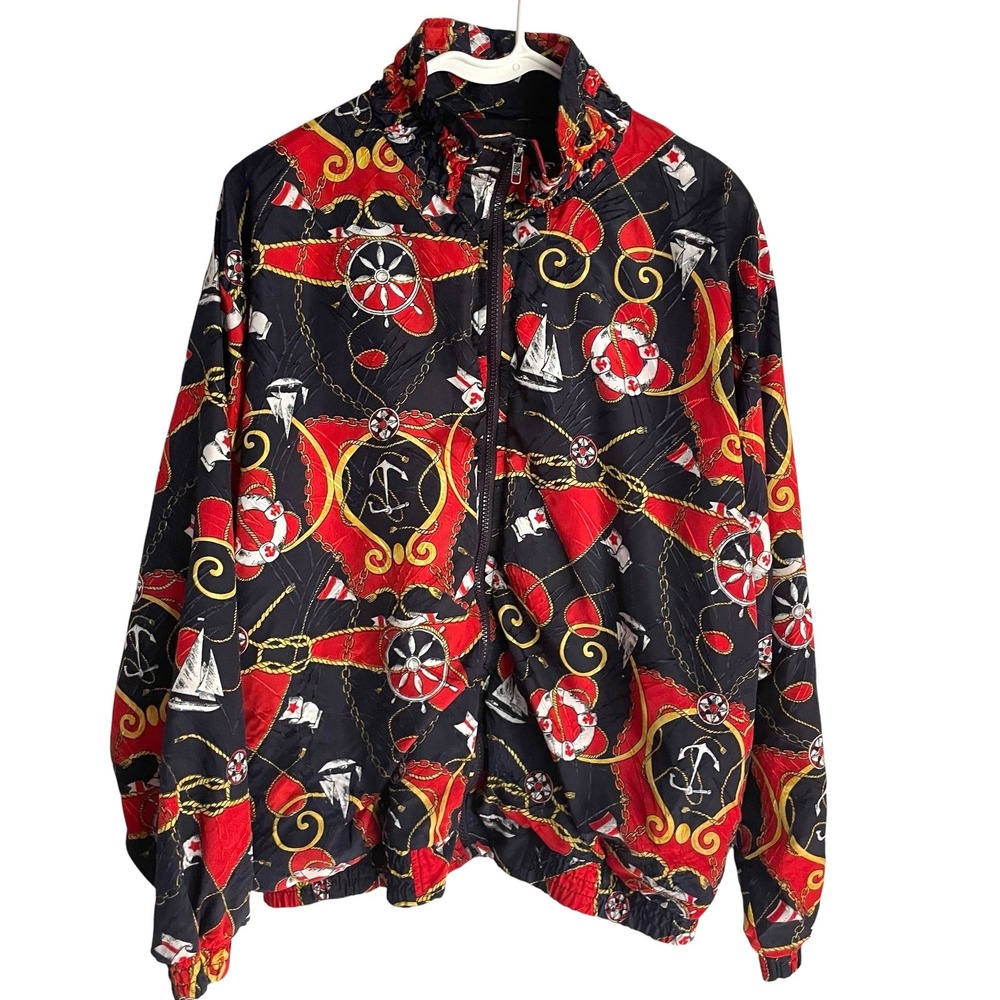 Vtg Sunterra Womens Nautical Jacket Size XL Navy Red Full Zip Bomber Windbreaker